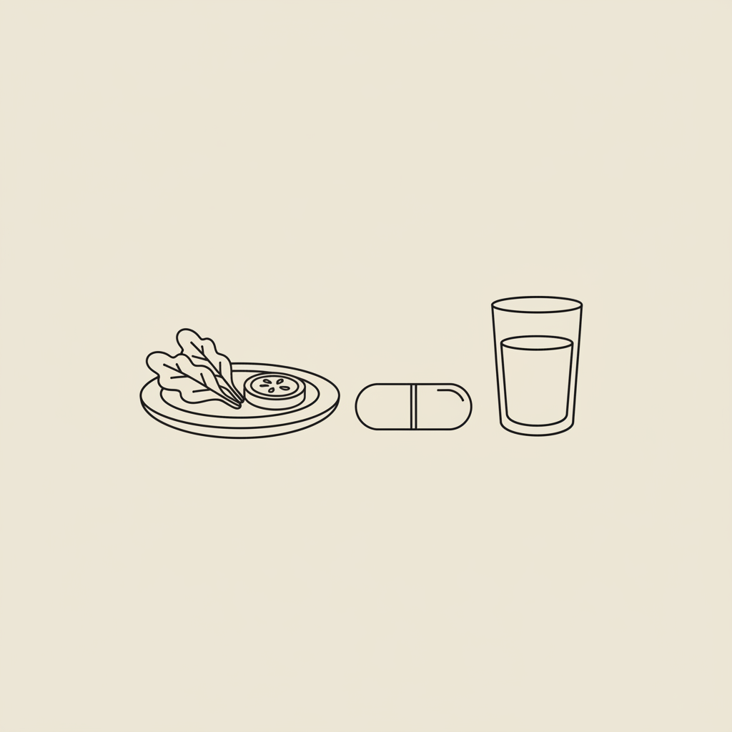 Minimalist Tonum-style vector illustration of a plate with half vegetables, a small capsule, and a water glass on beige background — what is holistic health and wellness