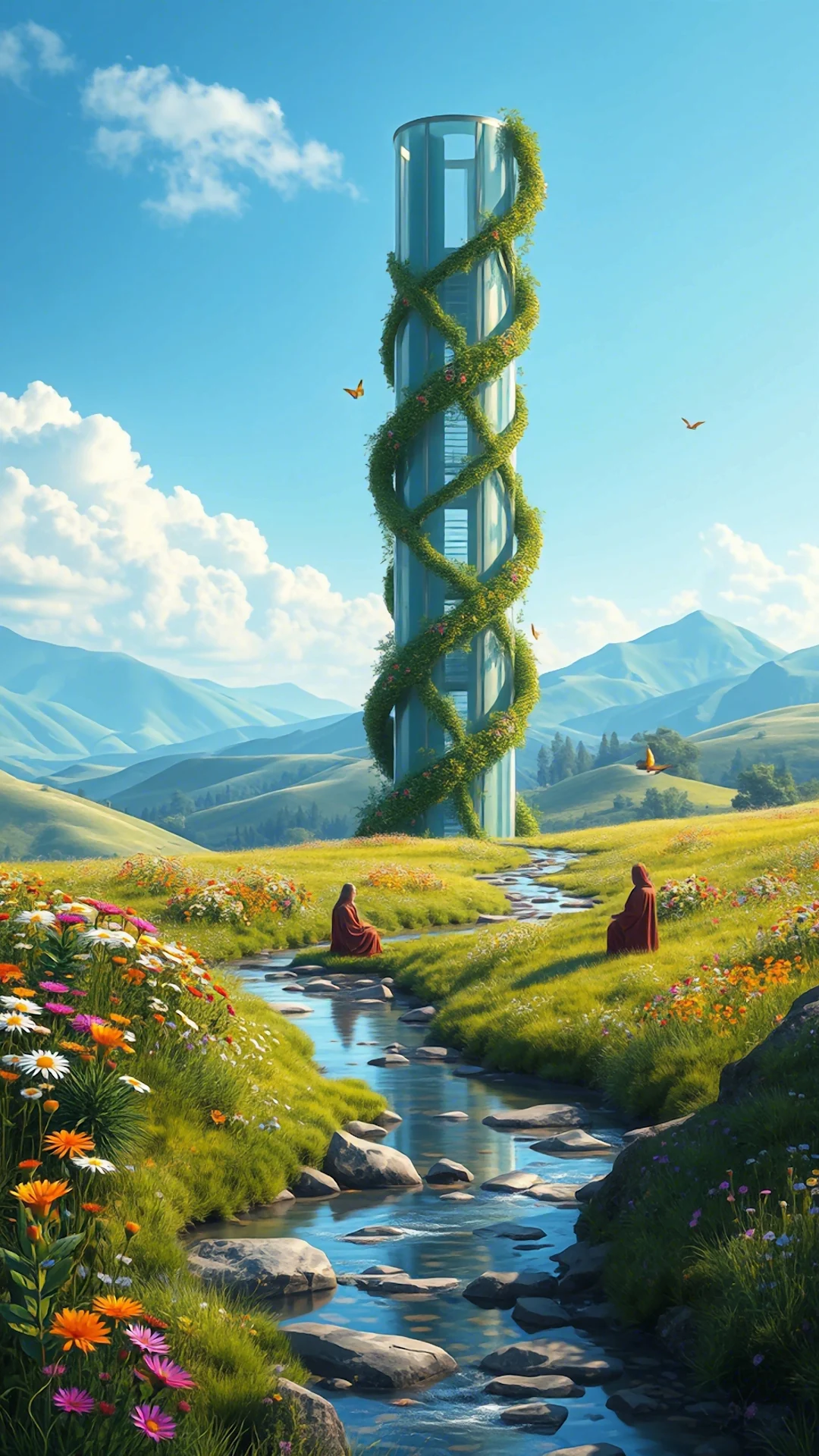 Futuristic Biodome Tower in Lush Spring Meadow Landscape - Free 4K mobile Wallpaper