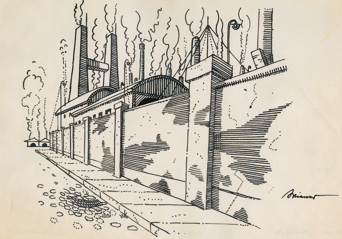 Ohne Titel Fabrik mit rauchenden Schloten hinter Mauer around 1920