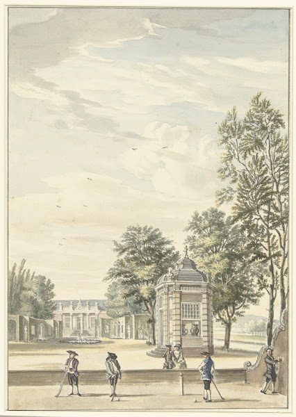 Gezicht op een buitenplaats met vier kolfspelers 1706   1800