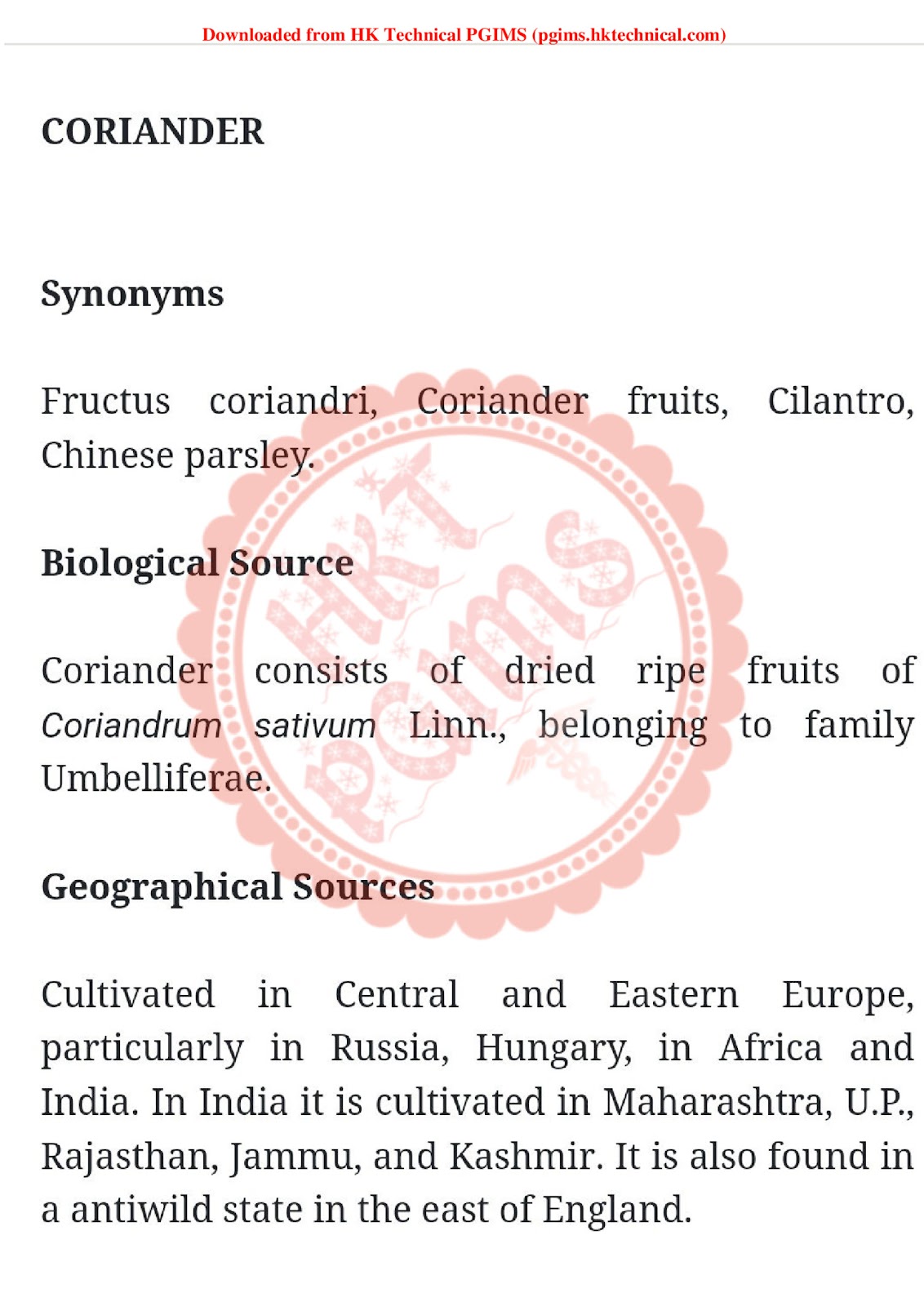 Coriander Pharmacognosy 5th Semester B.Pharmacy ,BP504T Pharmacognosy and Phytochemistry II,BPharmacy,Handwritten Notes,BPharm 5th Semester,Important Exam Notes,