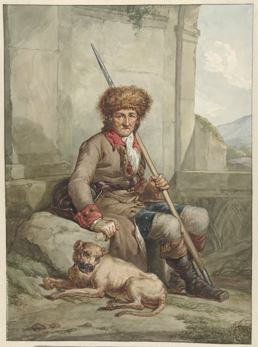 Zittende jager met bontmuts speer en weitas 1763   1826