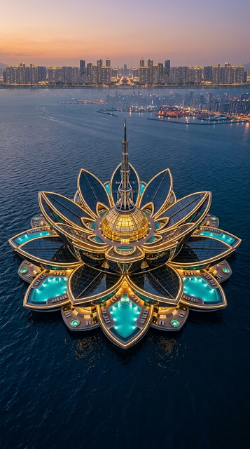 Futuristic Lotus Flower Shaped Architecture Complex Aerial View - Free mobile Wallpaper