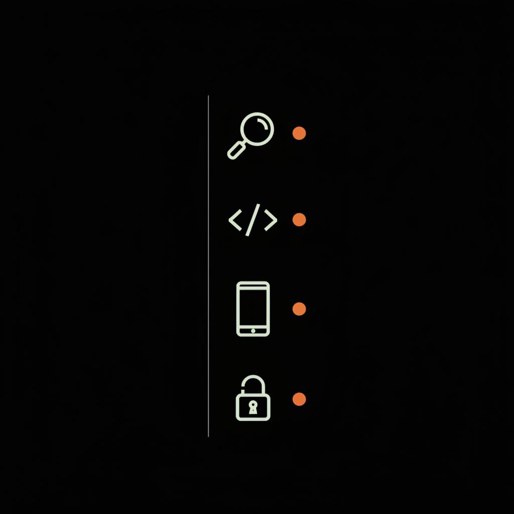 Minimal 2D vector checklist with search, code, device, and lock icons on black background, subtle gray connector line and orange accents to illustrate steps to find Gmail address