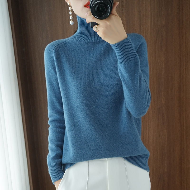 Women's knitted sweater, high collar, solid color, loose