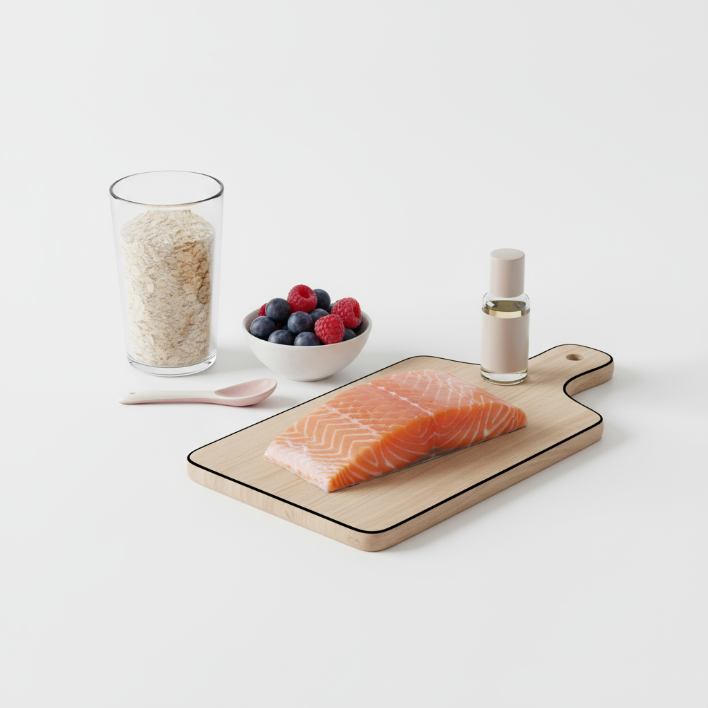 Helle Küchentheke mit Haferflocken im Glas, Schale Beeren, Lachsfilet und unbeschrifteter Nagelöl-Flasche – Zutaten für Nägel stärken im minimalistischen Stil