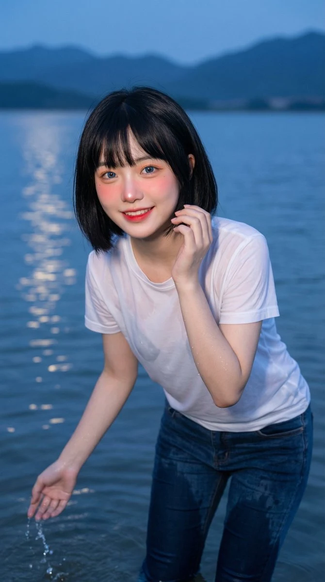 Retrato profesional de alta definición, belleza asiática oriental de 18 años, expresión juguetona y adorable, escena acuática al atardecer.