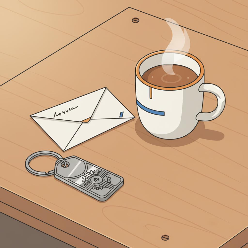 Nahaufnahme eines Geschenk-Arrangements mit graviertem Metall‑Schlüsselanhänger, handgeschriebener Karte (nicht lesbar) und Tasse Kaffee auf Holztisch — abschiedsfeier ideen