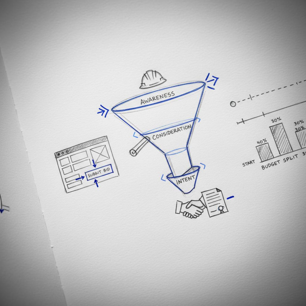 Close-up notebook sketch of a construction marketing funnel, bidding platform wireframe and timeline bars in Agency Visible palette &mdash; how to advertise to general contractors