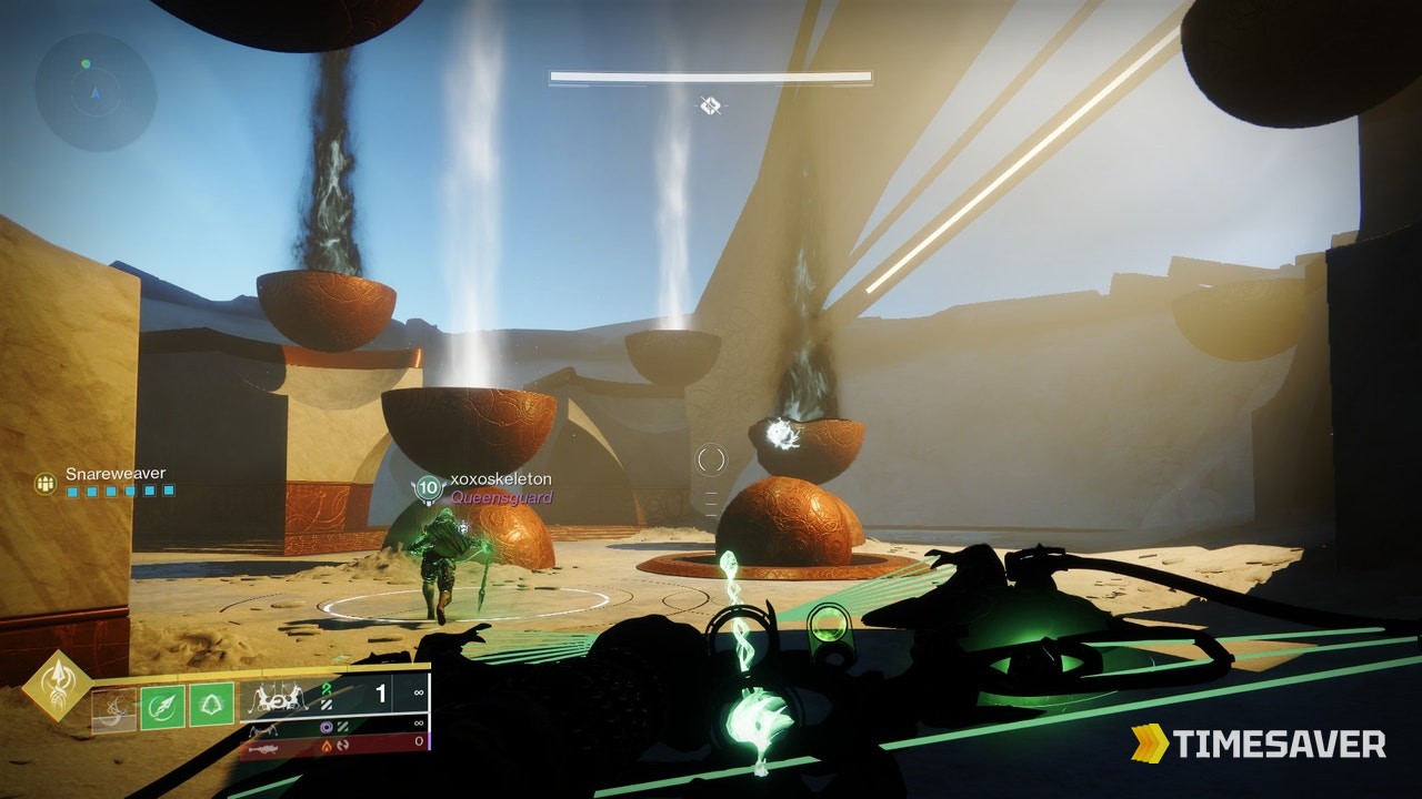 Prophecy dungeon mote-deposit arena with the glowing bowl platforms used to bank Light and Dark motes