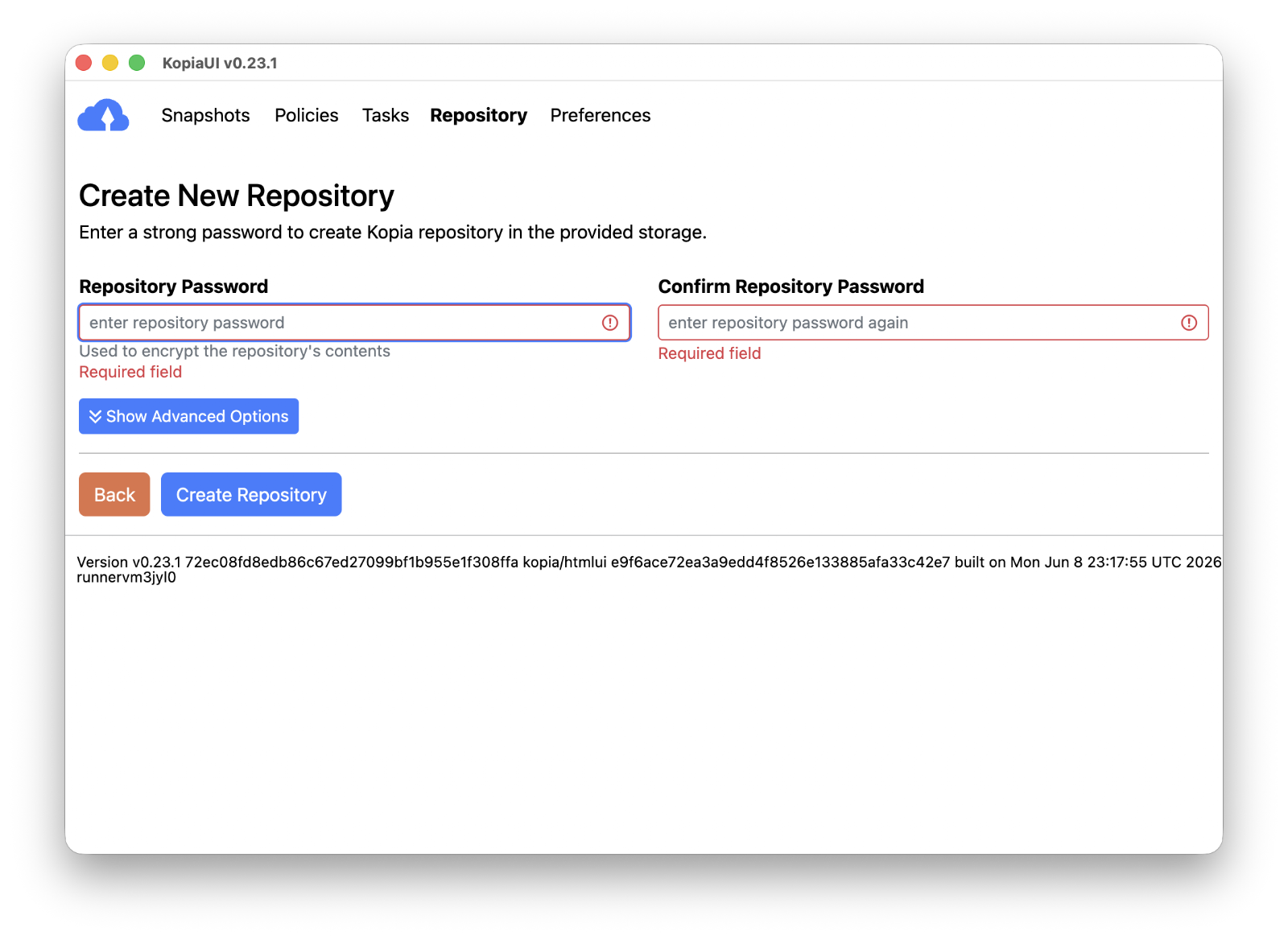 KopiaUI repository encryption password setup