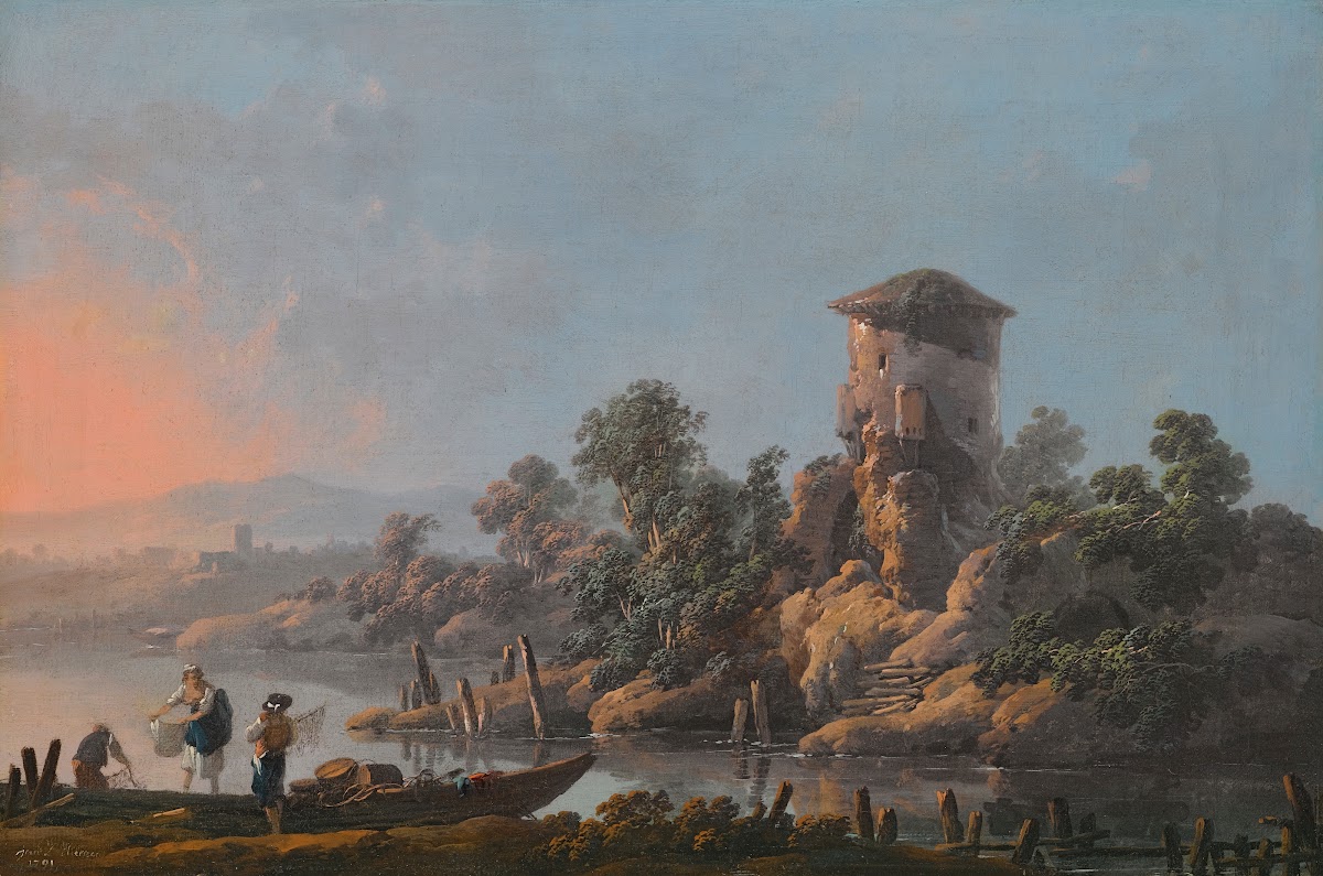 A River Landscape With A Ruined Tower And FishermenWith Their Nets In The Foregr