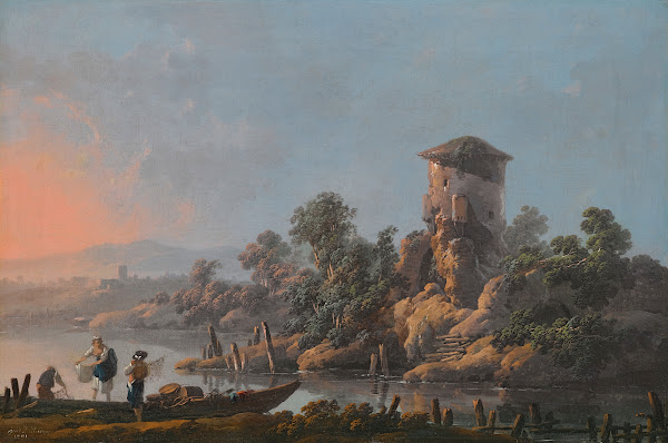 A River Landscape With A Ruined Tower And FishermenWith Their Nets In The Foregr