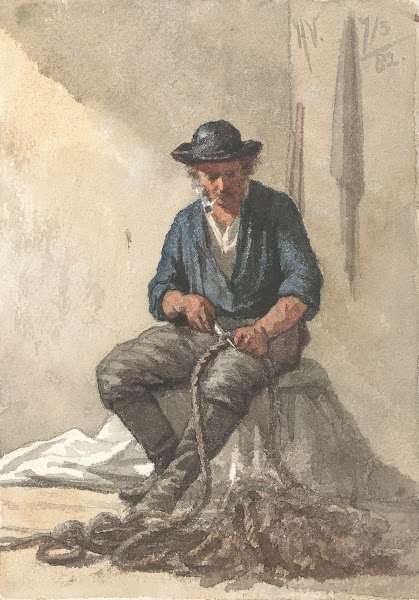 Zittende visser werkend aan een touw 1882