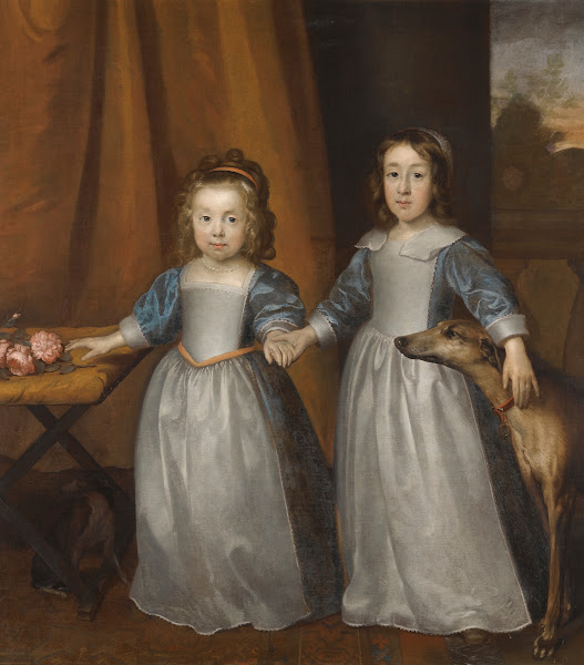 Portrait Of Two Young Girls On A Terrace With Two Hounds ALandscape Beyond 1648