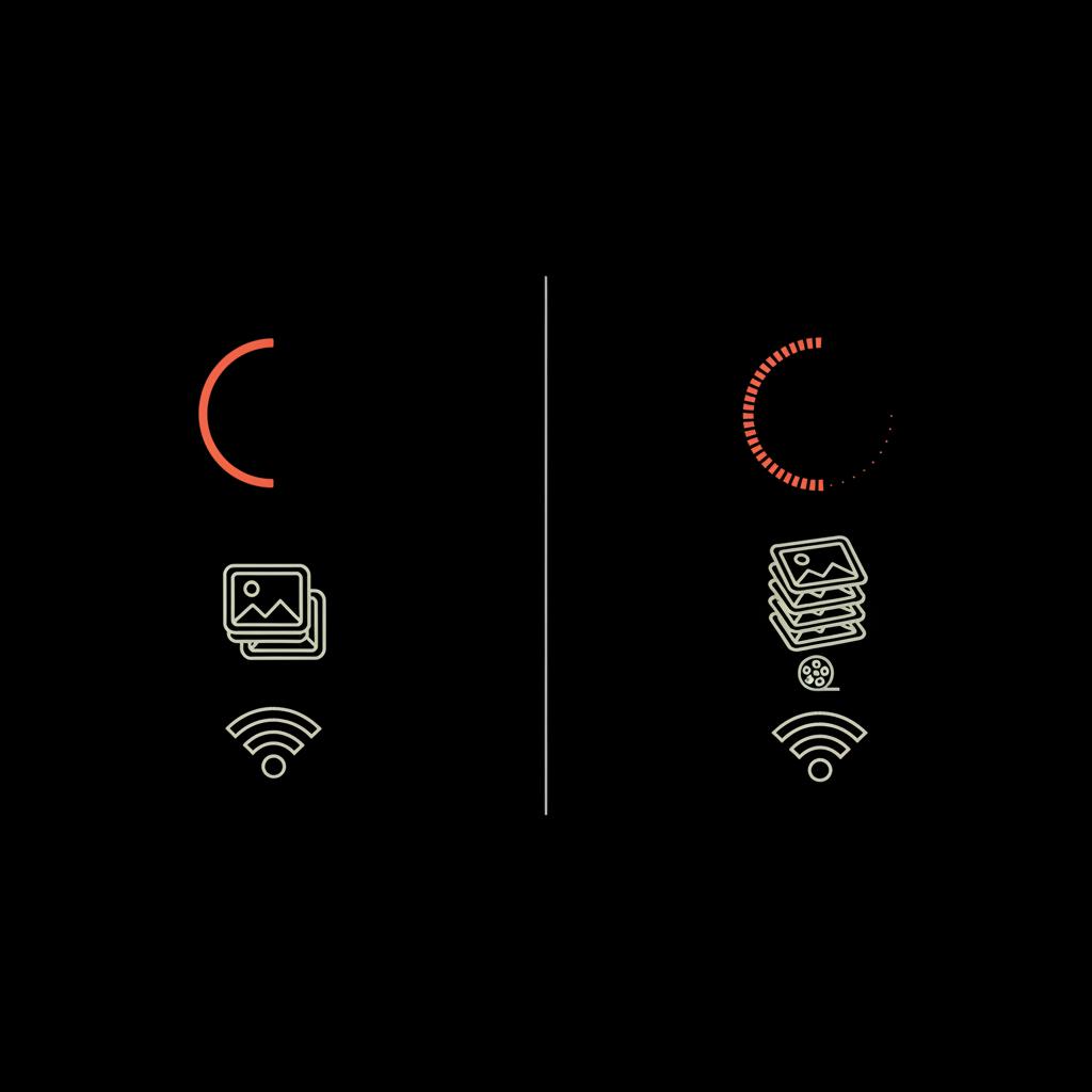Minimal vector infographic comparing two backup timelines for WhatsApp restore: left shows a short progress ring with few photo/video thumbnails and strong Wi‑Fi, right shows a long progress ring with many thumbnails and weak Wi‑Fi.