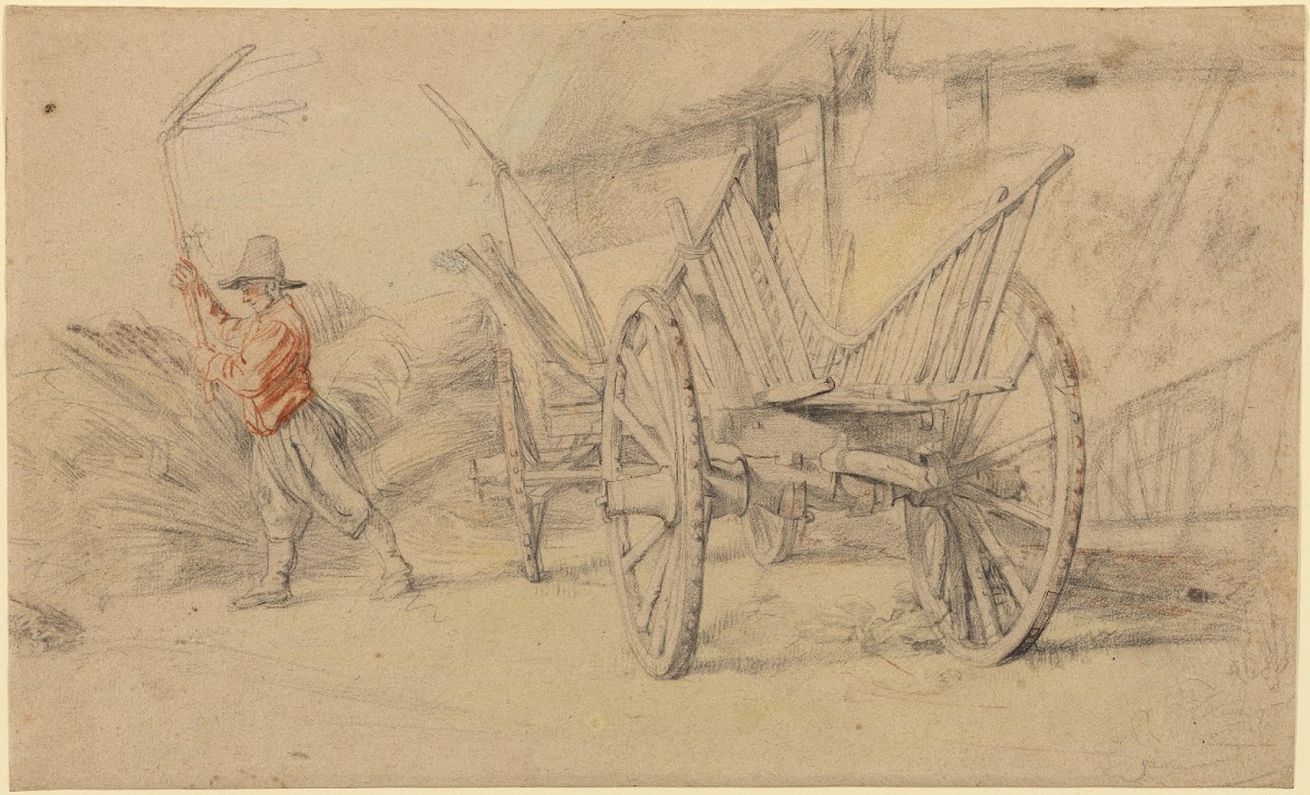 A Man Threshing Beside a Wagon Farm Buildings Behind 16151617