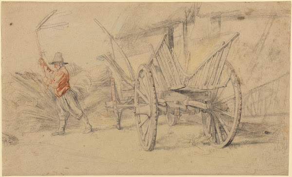 A Man Threshing Beside a Wagon Farm Buildings Behind 16151617