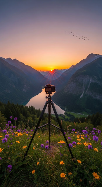 Alpine Sunset Photography Setup Over Valley and Wildflowers - Free mobile Wallpaper
