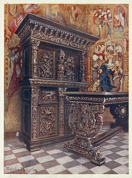 Carved oak armoire Carved oak table 1910   1911