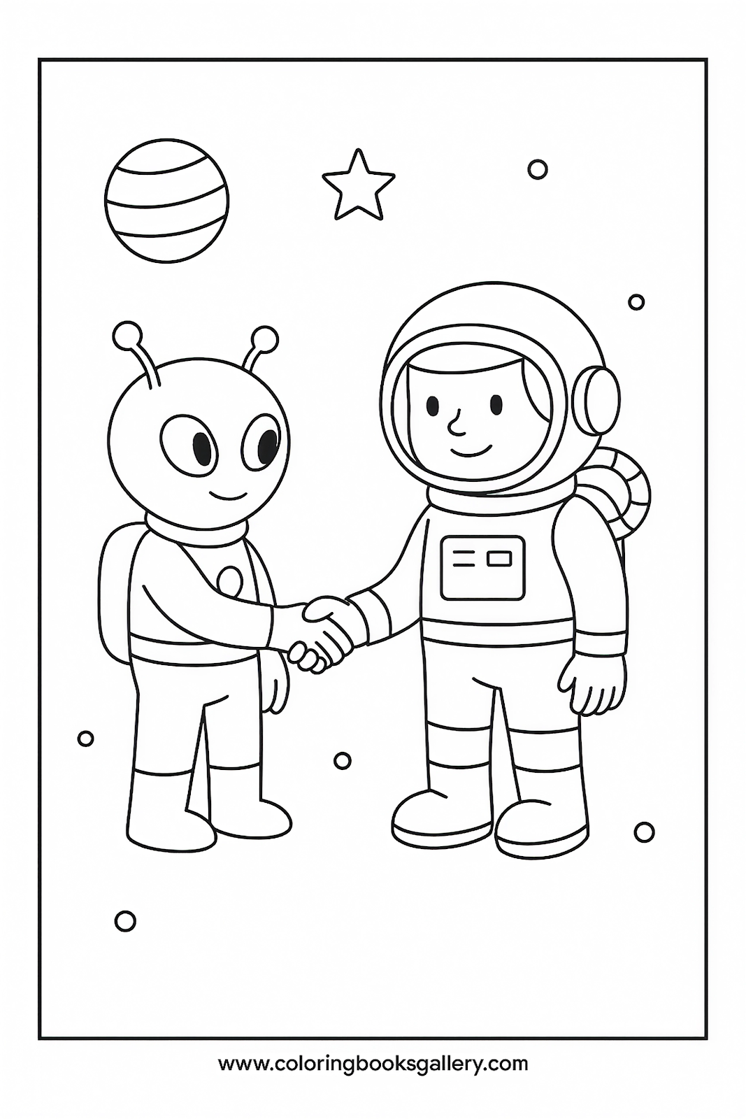 Alien astronaut shaking hands with a human – Free Printable Coloring Sheet for Kids and Adults – printable coloring page