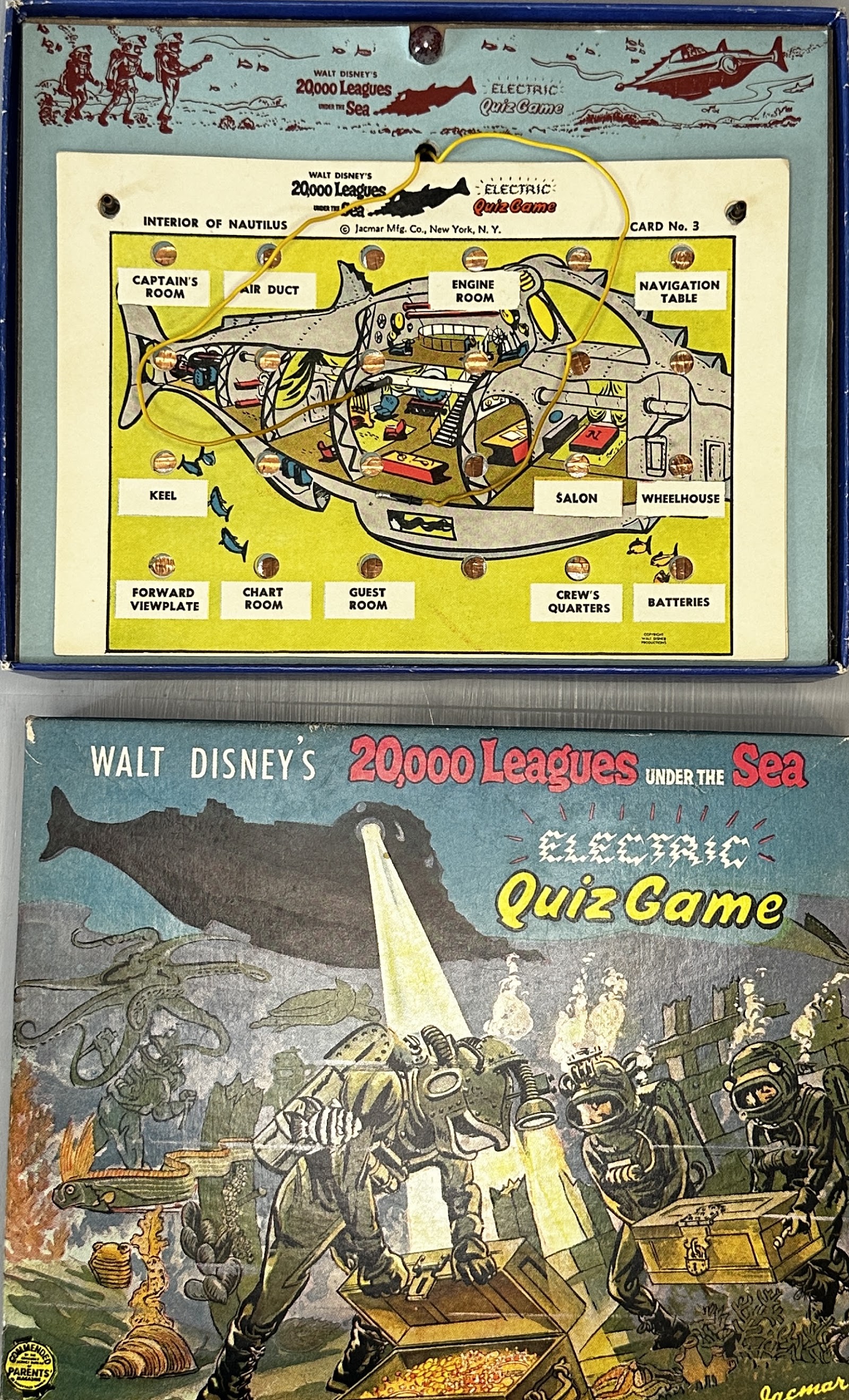 Jacmar 20,000 Leagues Under the Sea Electric Quiz Game, c. 1954, with lithographed box art of the Nautilus submarine