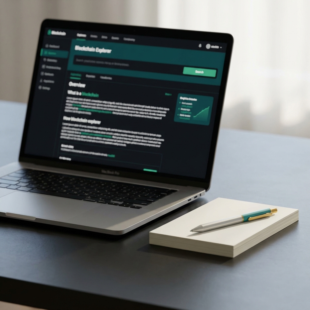 Close up laptop showing a blockchain explorer with blurred transactions and a Finance Police notepad and pen suggesting Elon Musk crypto holdings