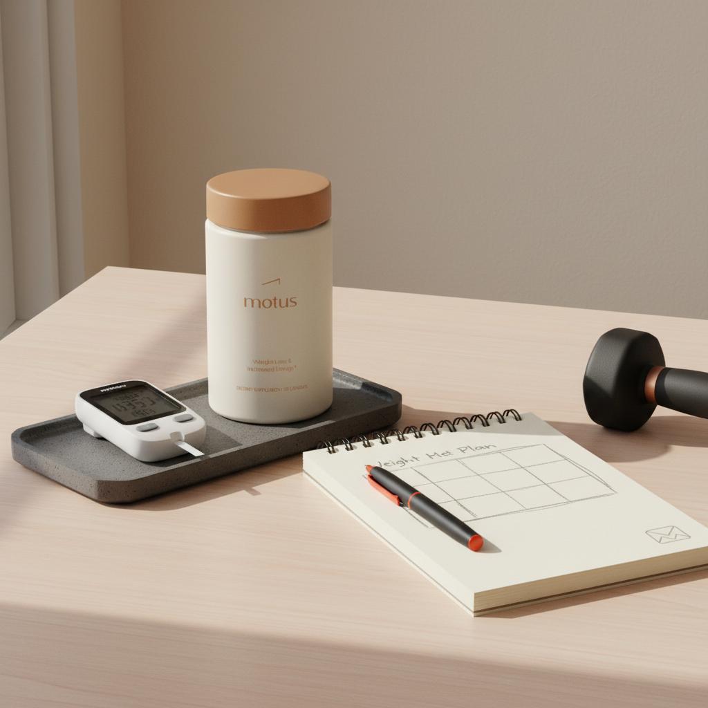 Can losing 20 lbs lower A1C? Tonum Motus bottle on light wood table beside a glucometer, a simple meal-plan notepad and small dumbbell in natural window light, minimalist composition.