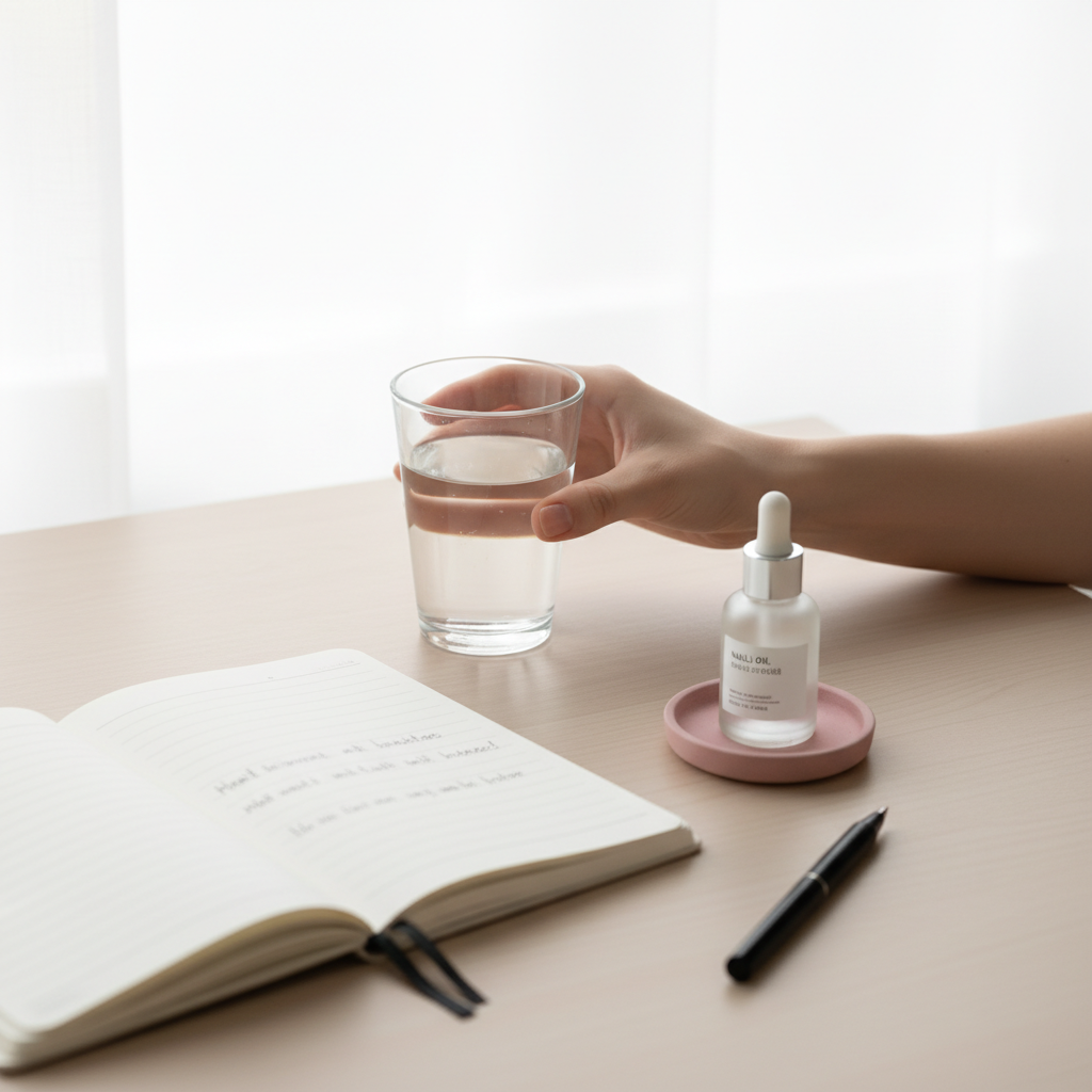 Hand hält Glas Wasser auf hellem Holztisch, geöffnetes Notizbuch mit unscharfen Beobachtungen zur Nagelgesundheit und unlabeled Nagelöl – brüchige Nägel Ursachen