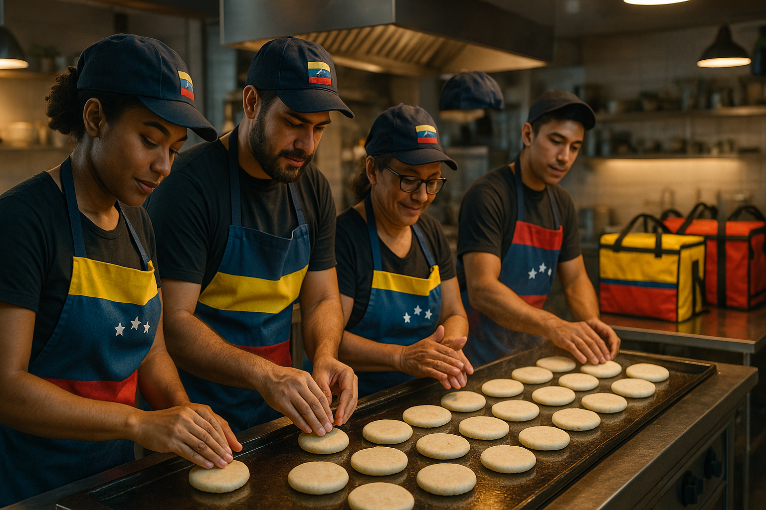 Cocineros venezolanos preparando arepas en cocina compartida para delivery