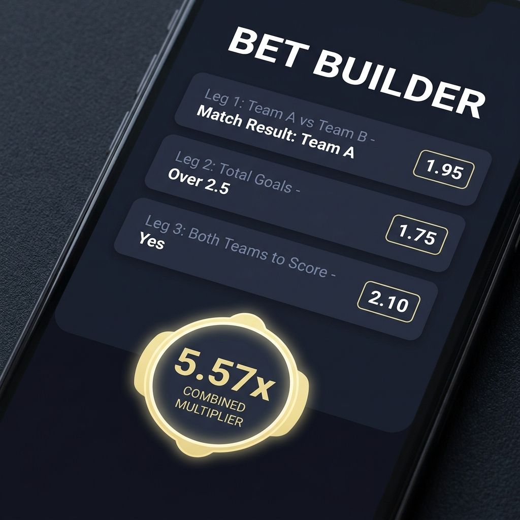 Close up mobile bet builder interface showing several selected legs decimal odds and a highlighted combined multiplier badge how does a parlay work in Funded Plays color style