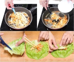 Lấy lá bắp cải, cắt bỏ phần đầu, thêm rau củ vào giữa và cuộn lại như quấn nem. Đặt bắp cải cuộn vào khay hấp, hấp trong khoảng 5 phút rồi vớt ra đĩa.