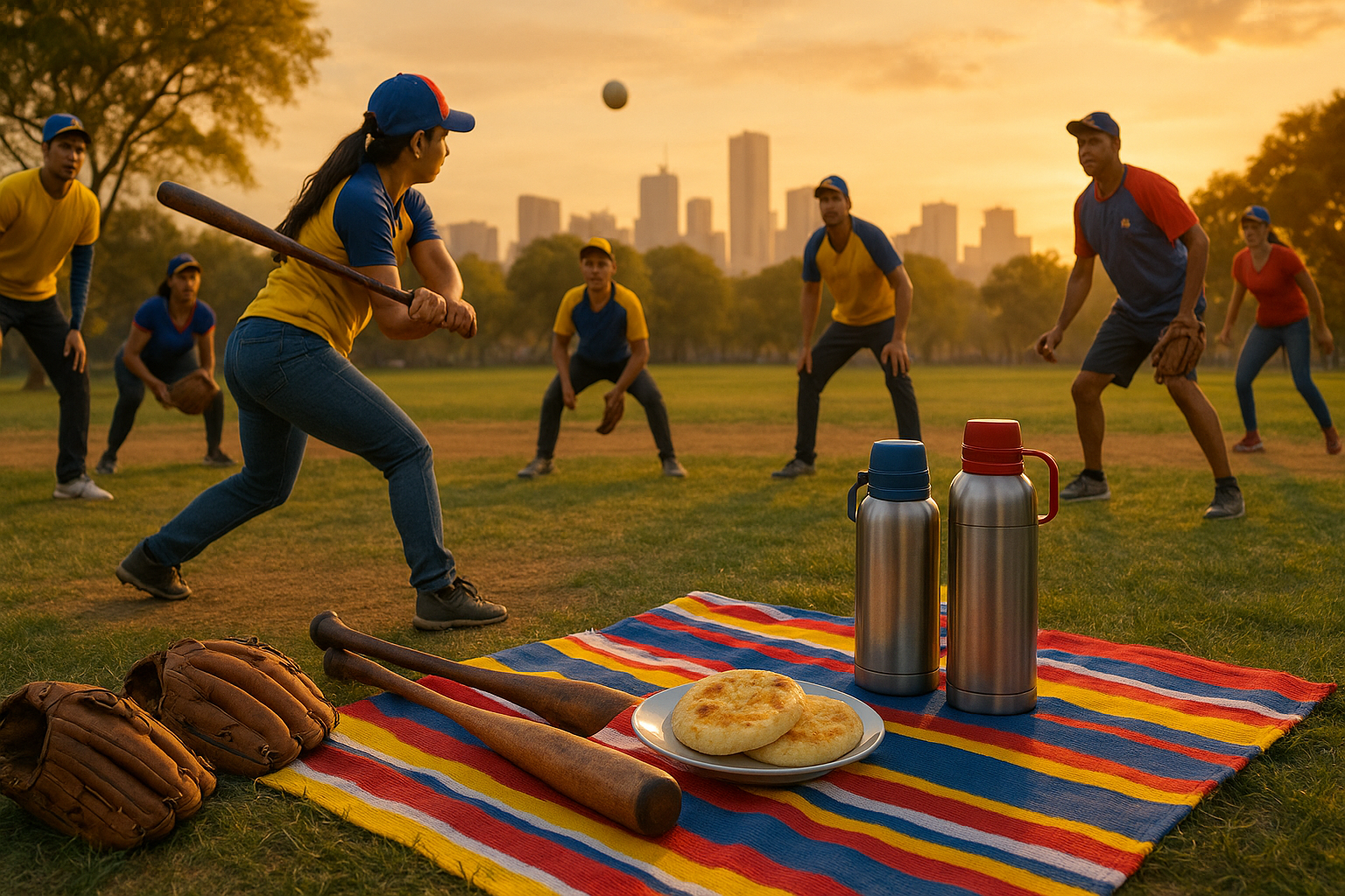 Venezolanos jugando softbol en parque urbano al atardecer, con picnic de arepas