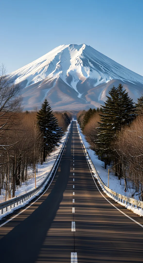 Straight Road Leading to Majestic Snow Capped Mount Fuji