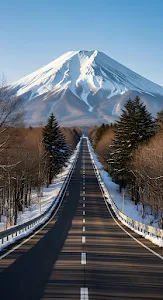 Straight Road Leading to Majestic Snow Capped Mount Fuji