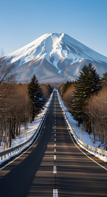 Straight Road Leading to Majestic Snow Capped Mount Fuji - Free mobile Wallpaper