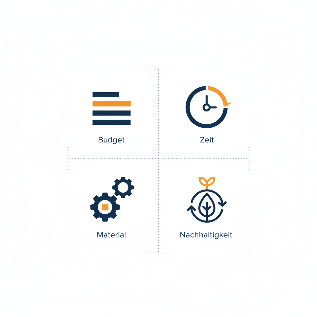 Minimalistische 2D-Vektorinfografik zu geschenkideen für eltern mit vier Icons (Budget, Zeit, Material, Nachhaltigkeit) auf hellem #FAFAFF-Hintergrund