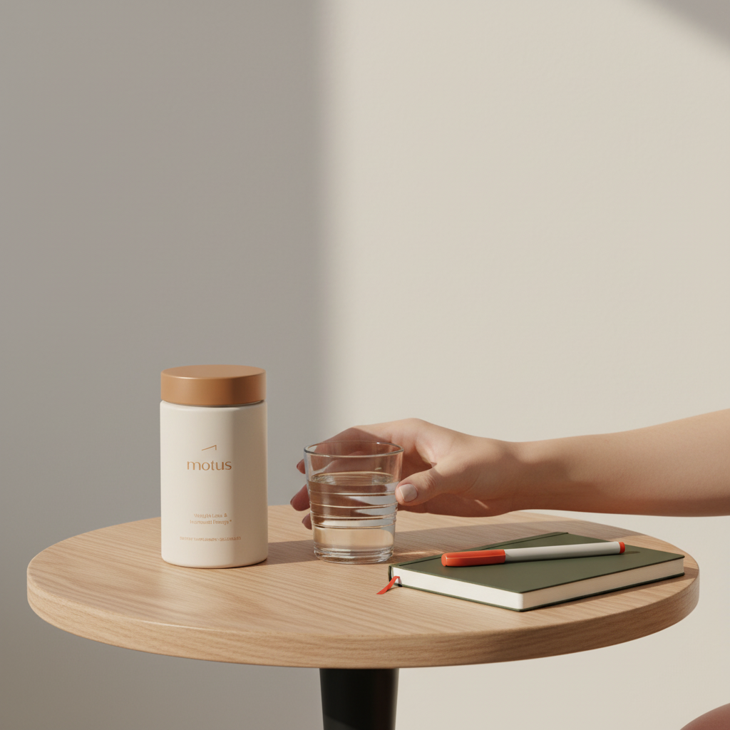 Minimalist morning scene showing Tonum Motus supplement bottle on a round wooden table beside a glass of water, notebook and hand reaching — functional nutrition coach