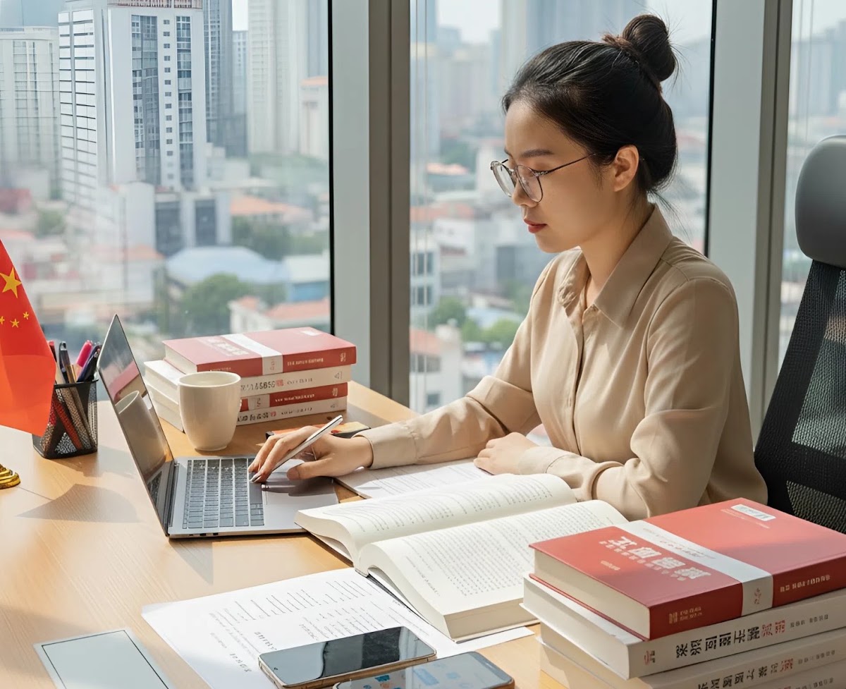 중국 서류 인증 대행 번역문 작업 목업 — 창가 사무실 책상에서 노트북과 펼친 중국어 자료를 대조하며 번역문을 작성하는 담당자, 옆에 중국 국기와 자료집이 놓인 모습