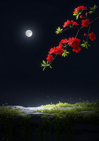 Red Blossoms Under Full Moon