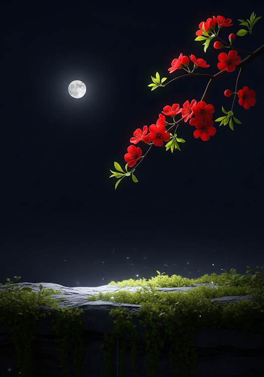 Red Blossoms Under Full Moon