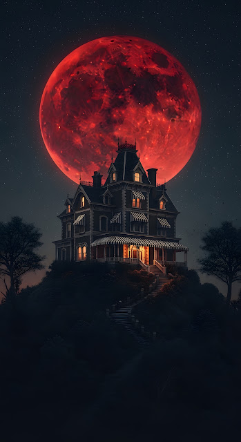Gothic Haunted Mansion Blood Moon Night Scene - Free mobile Wallpaper
