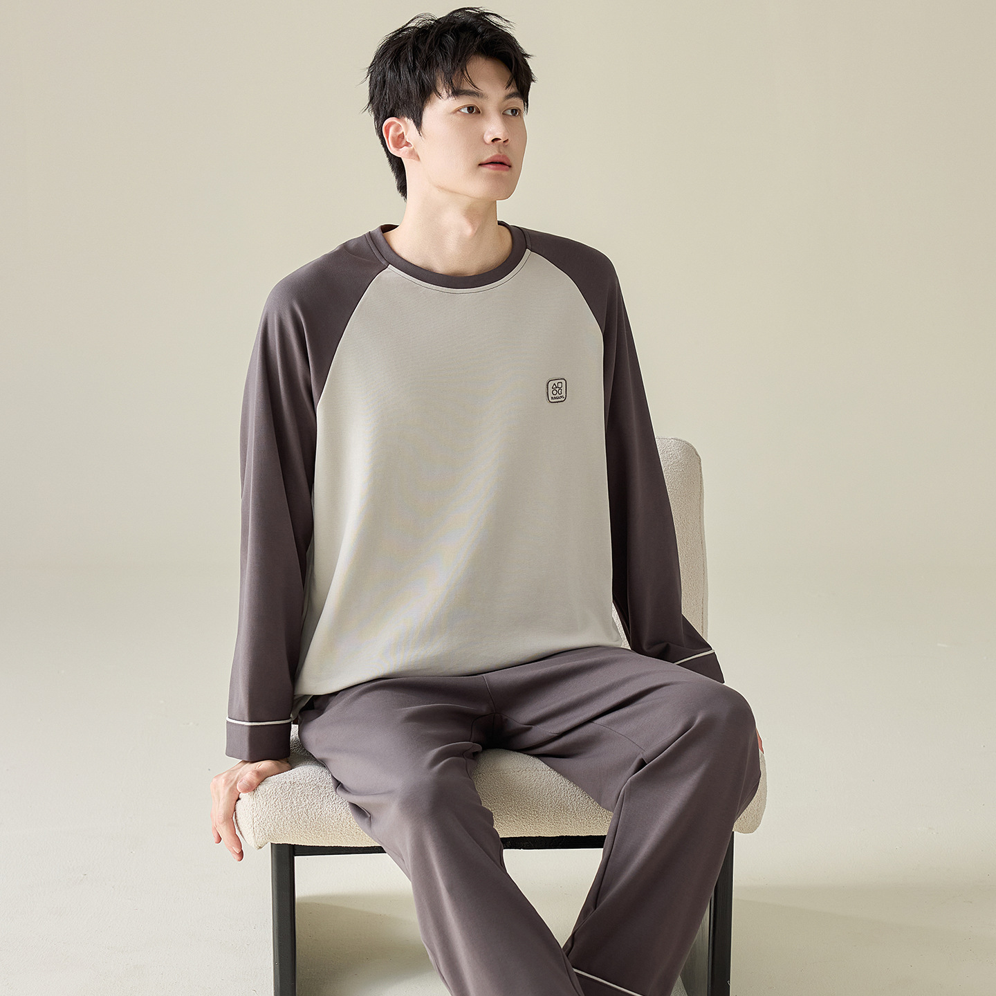 Herren-Pyjama-Set, 100% Baumwolle, Langarm, modern