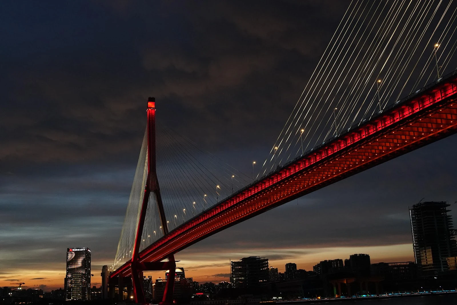 Illuminated Red Bridge At Night - Night Cityscape Photography 5K Wallpaper (5168x3448)