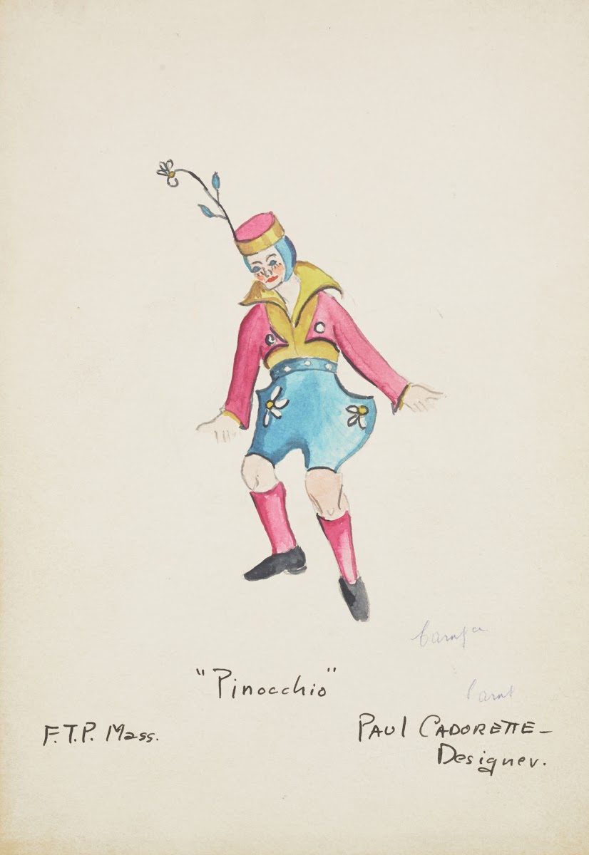 Pinocchio Yellow shirt pink coat blue shorts pink socks pink and gold hat 1934 1
