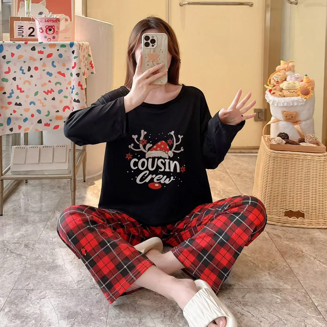 Women's Christmas Pajama, long-sleeved, with reindeer motif