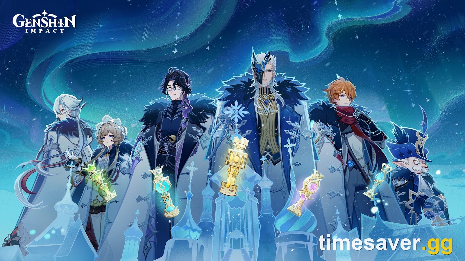 Genshin Impact Snezhnaya Awaits key art with six winter-clad characters beneath an aurora