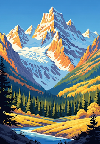 Vibrant Alpine Snowy Mountains River Forest Art