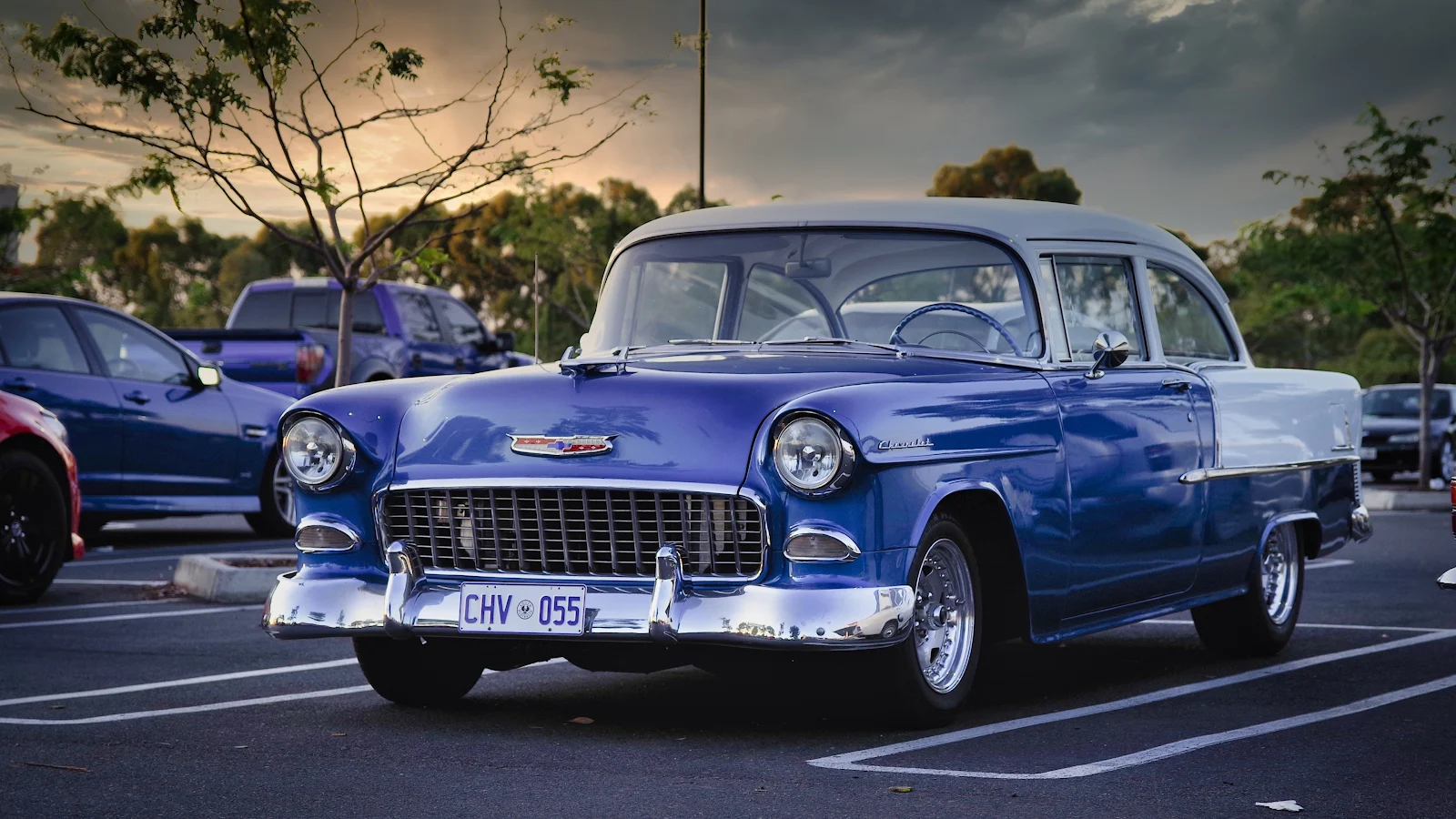 A Stunning Chevrolet Bel Air, Chevrolet, Classic Car, Blue Cars, Car Park 4K Desktop and Mobile Wallpaper Background (3840x2160)