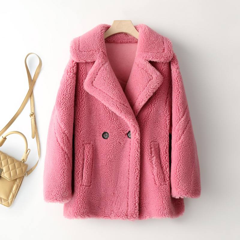 Women's Lambskin Imitation Coat, Mid-Length, Teddy Look